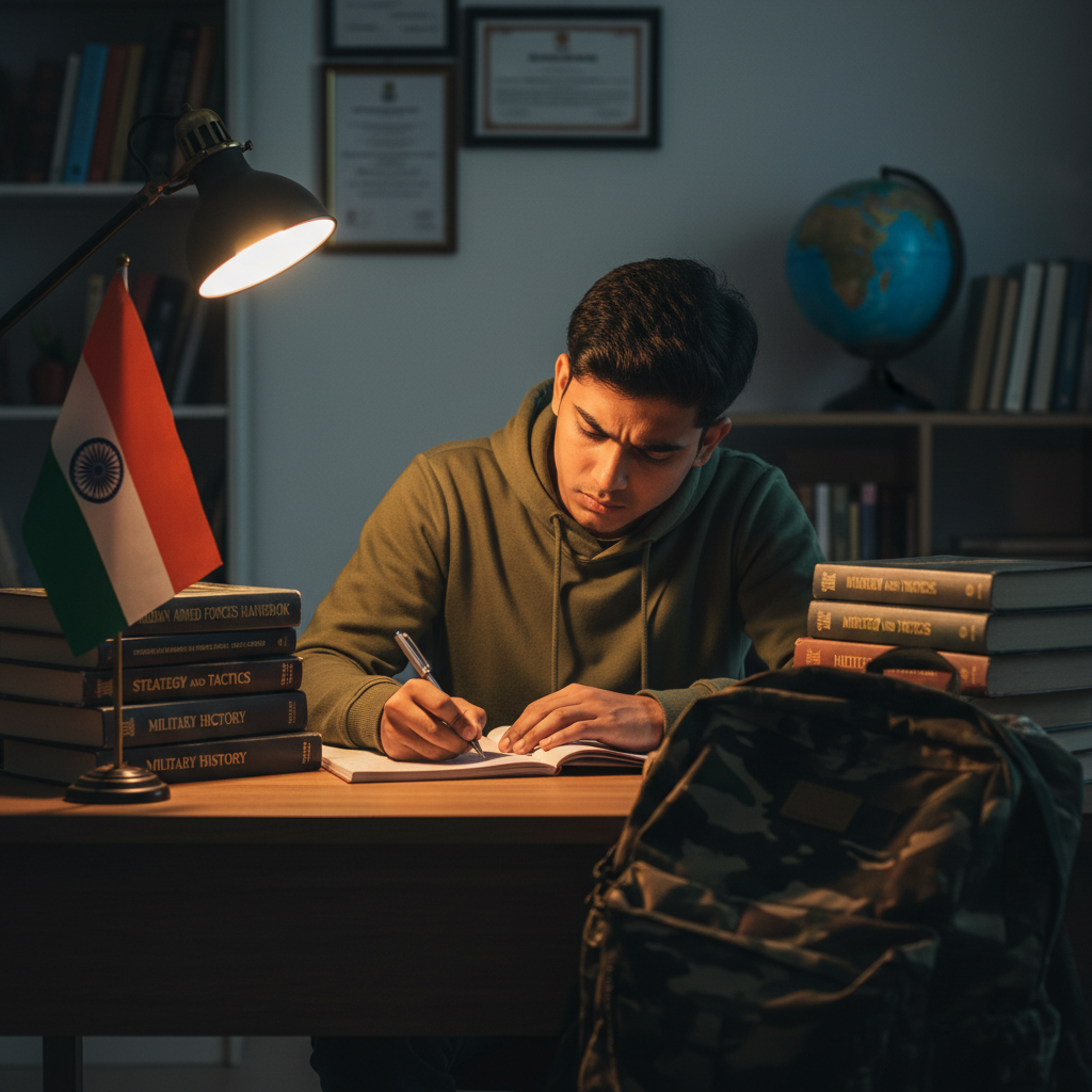 Defence aspirant studying at night — discipline and dedication define a future officer