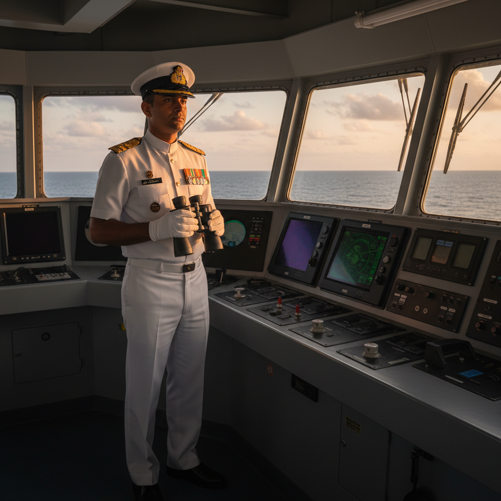 Indian Navy officer in white uniform on naval ship