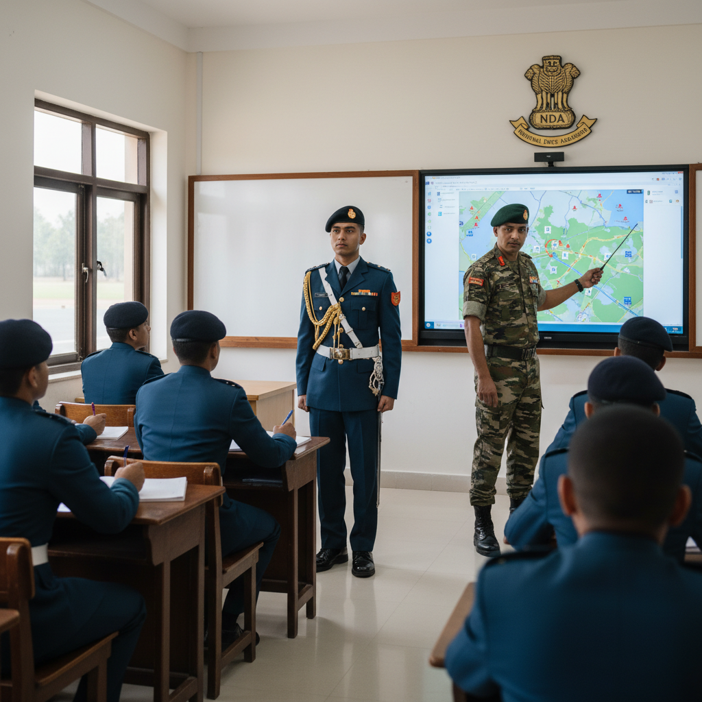 NDA cadet receiving training instruction from senior officer during class at military academy