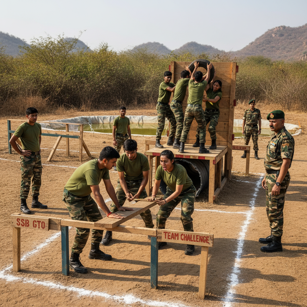 SSB GTO task — candidates working together on obstacle course with assessor evaluating teamwork