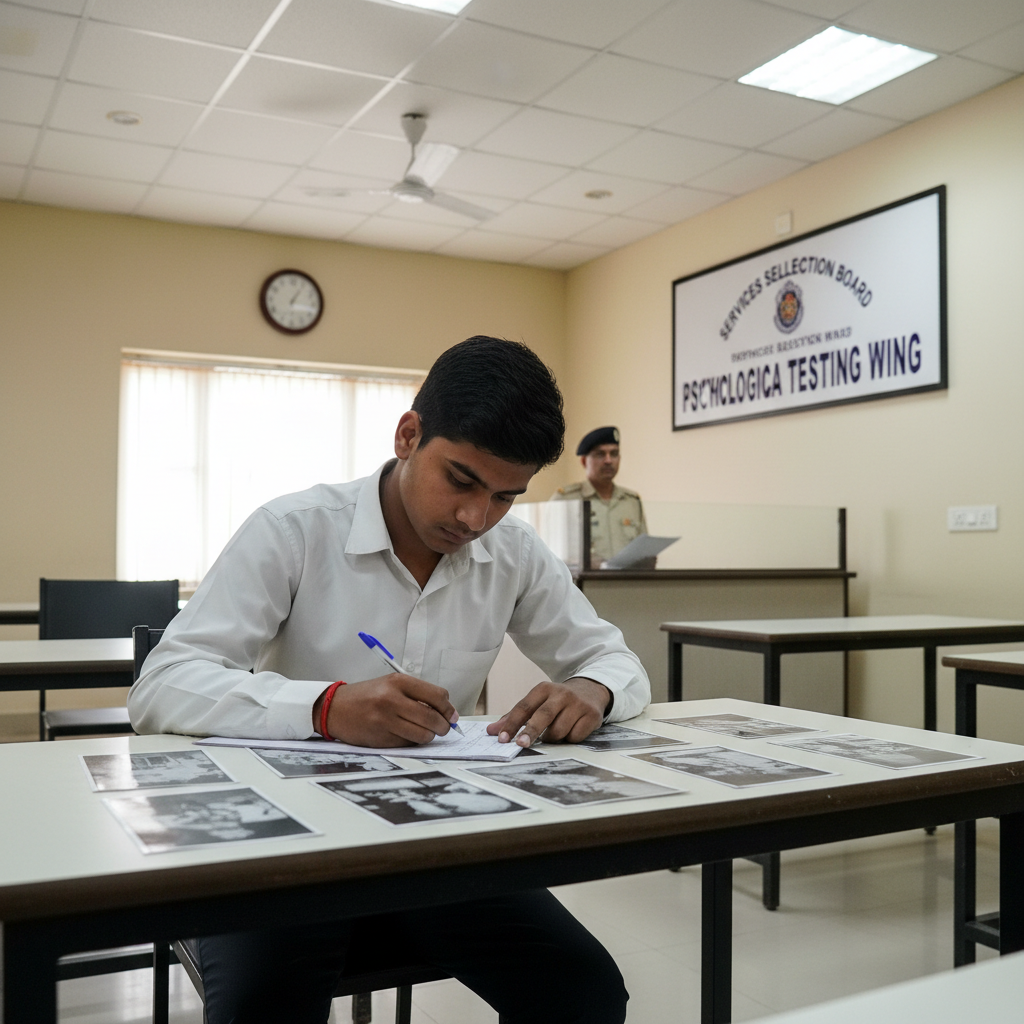 SSB psychology test (TAT) — candidate writing response while being assessed at testing centre
