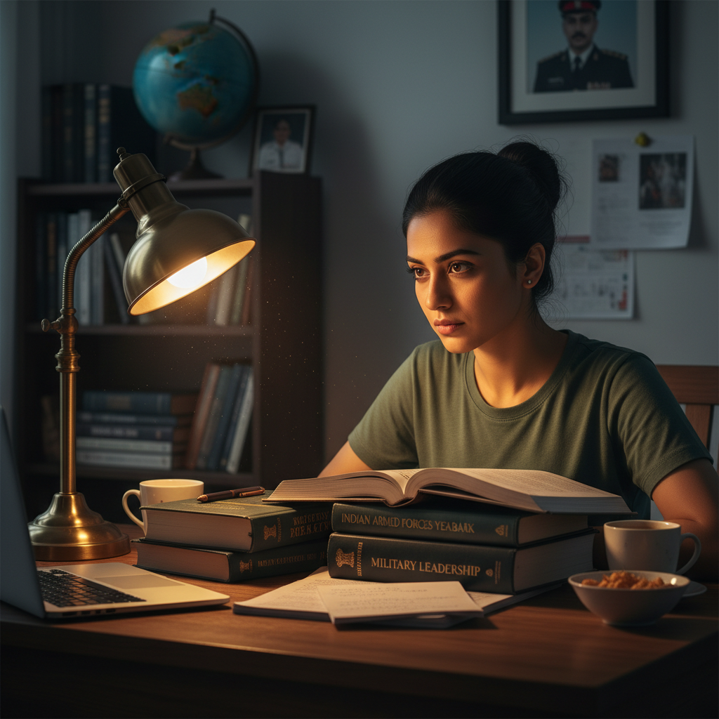 Woman defence aspirant studying for NDA CDS AFCAT 2026